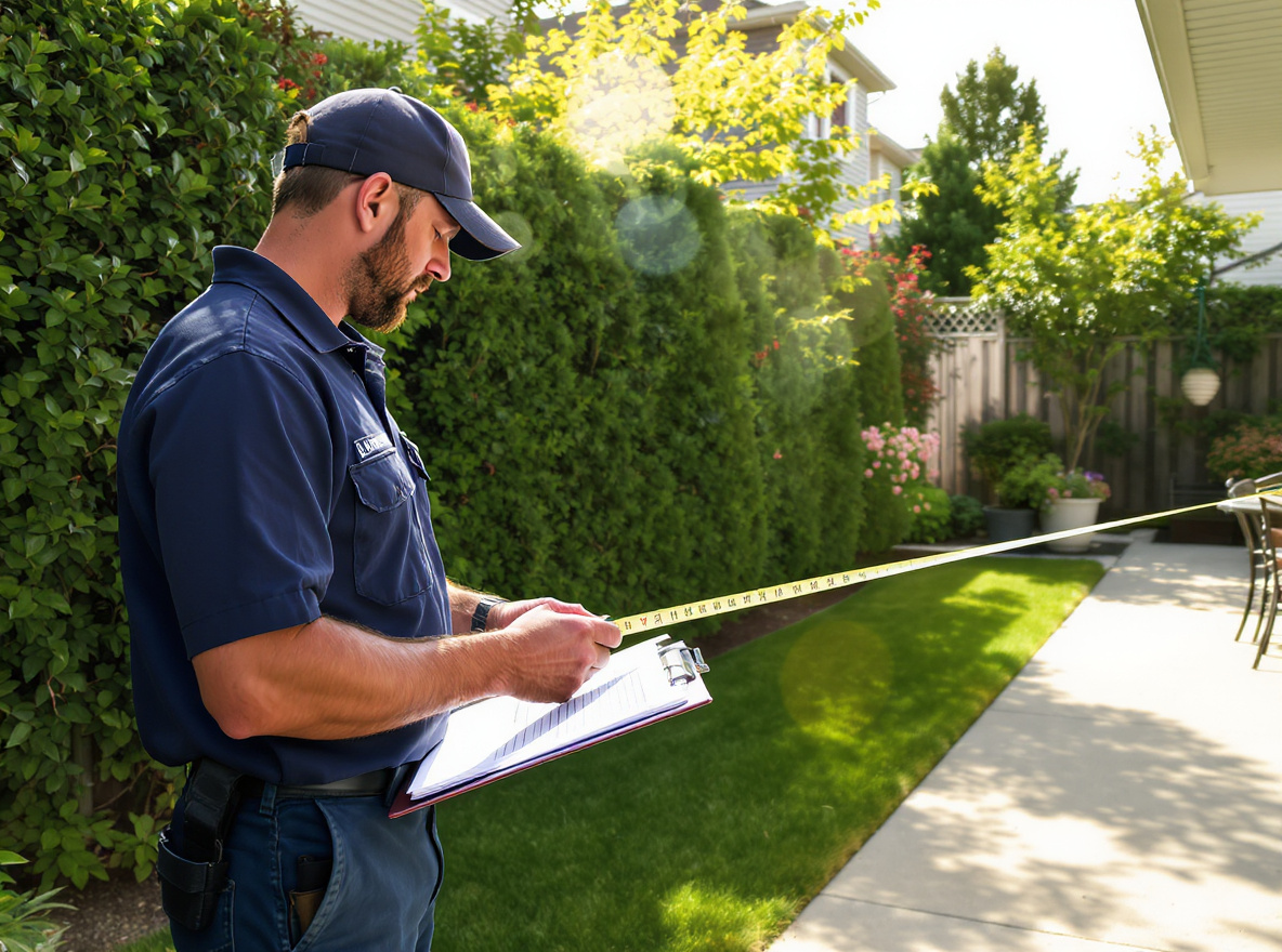 Landscaper measuring a backyard for artificial turf installation in St. Catharines