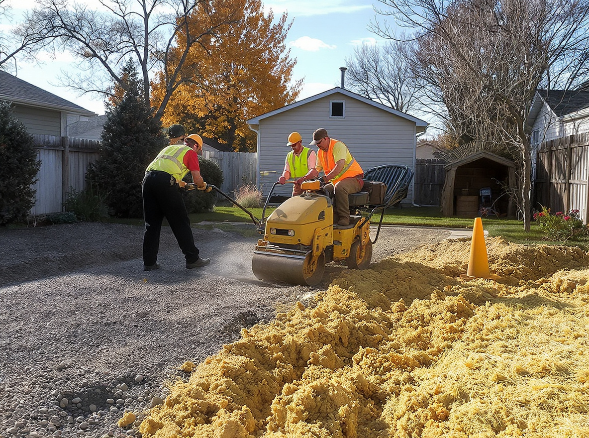 Crew compacting drainage base for artificial turf installation in St. Catharines