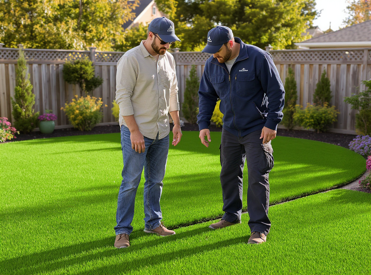 Installer walking homeowner through completed backyard turf installation in St. Catharines