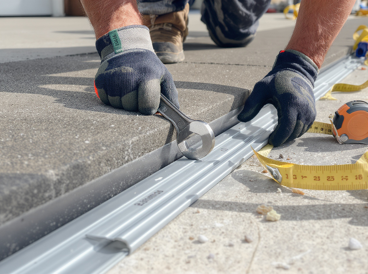 Installer setting edge restraints along driveway border for front lawn turf in St. Catharines