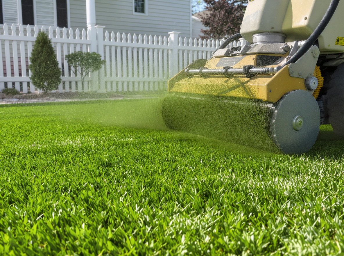 Power brushing completed front lawn turf installation at a St. Catharines home