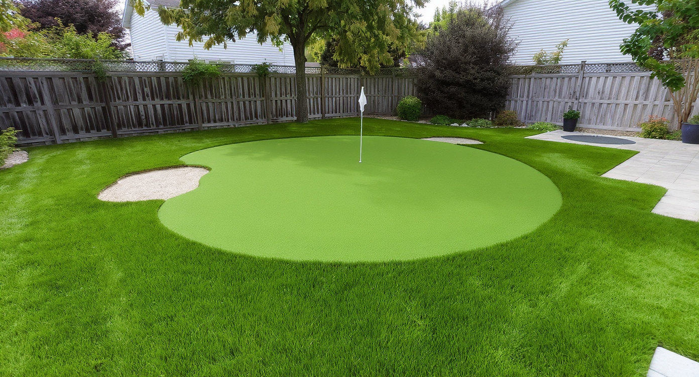 Golf ball on completed backyard putting green installation by St. Catharines Turf Pros in St. Catharines