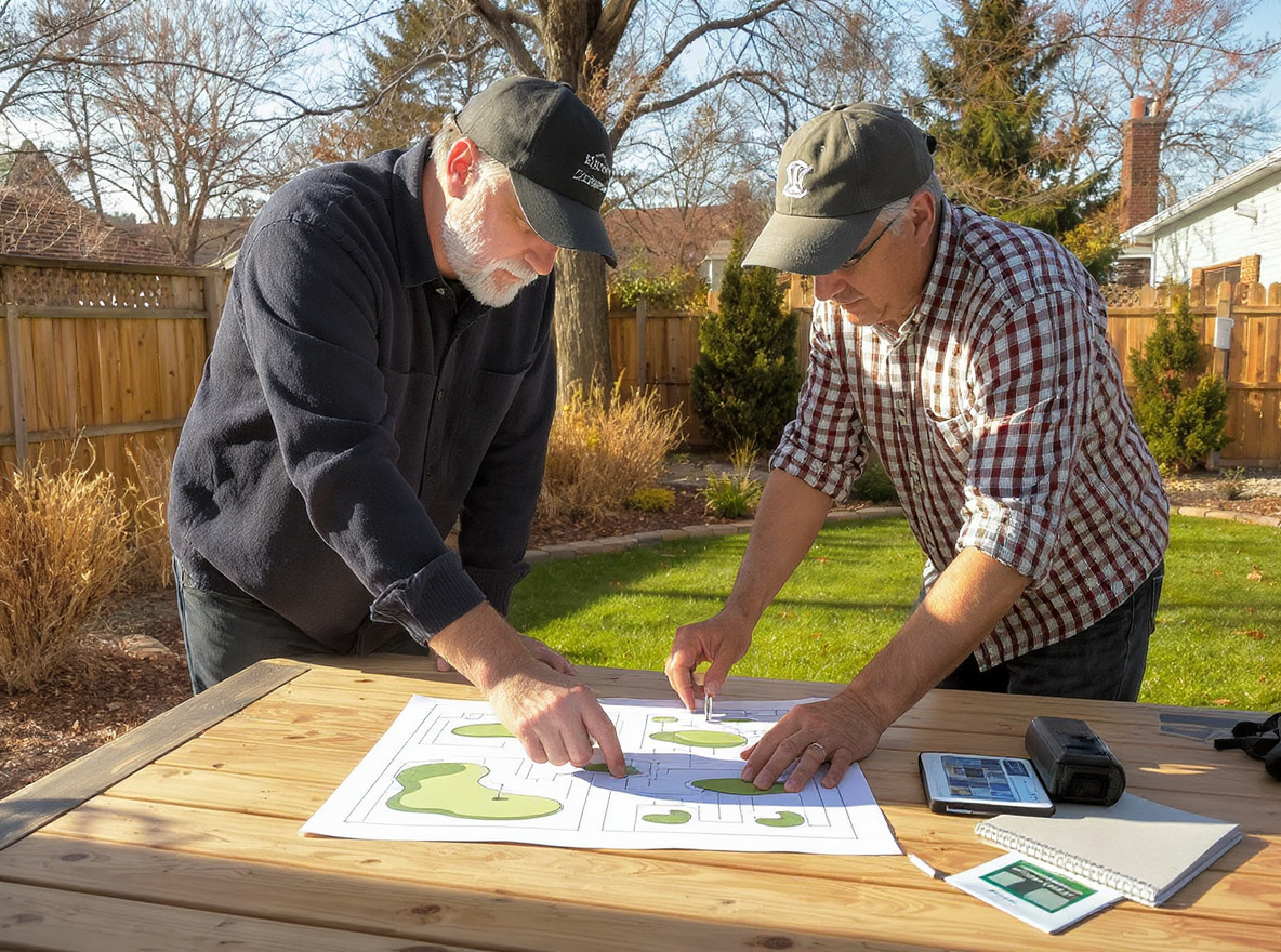 Designer and homeowner reviewing putting green layout plan in a St. Catharines backyard
