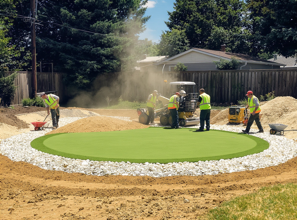 Crew shaping contoured drainage base for putting green installation in St. Catharines
