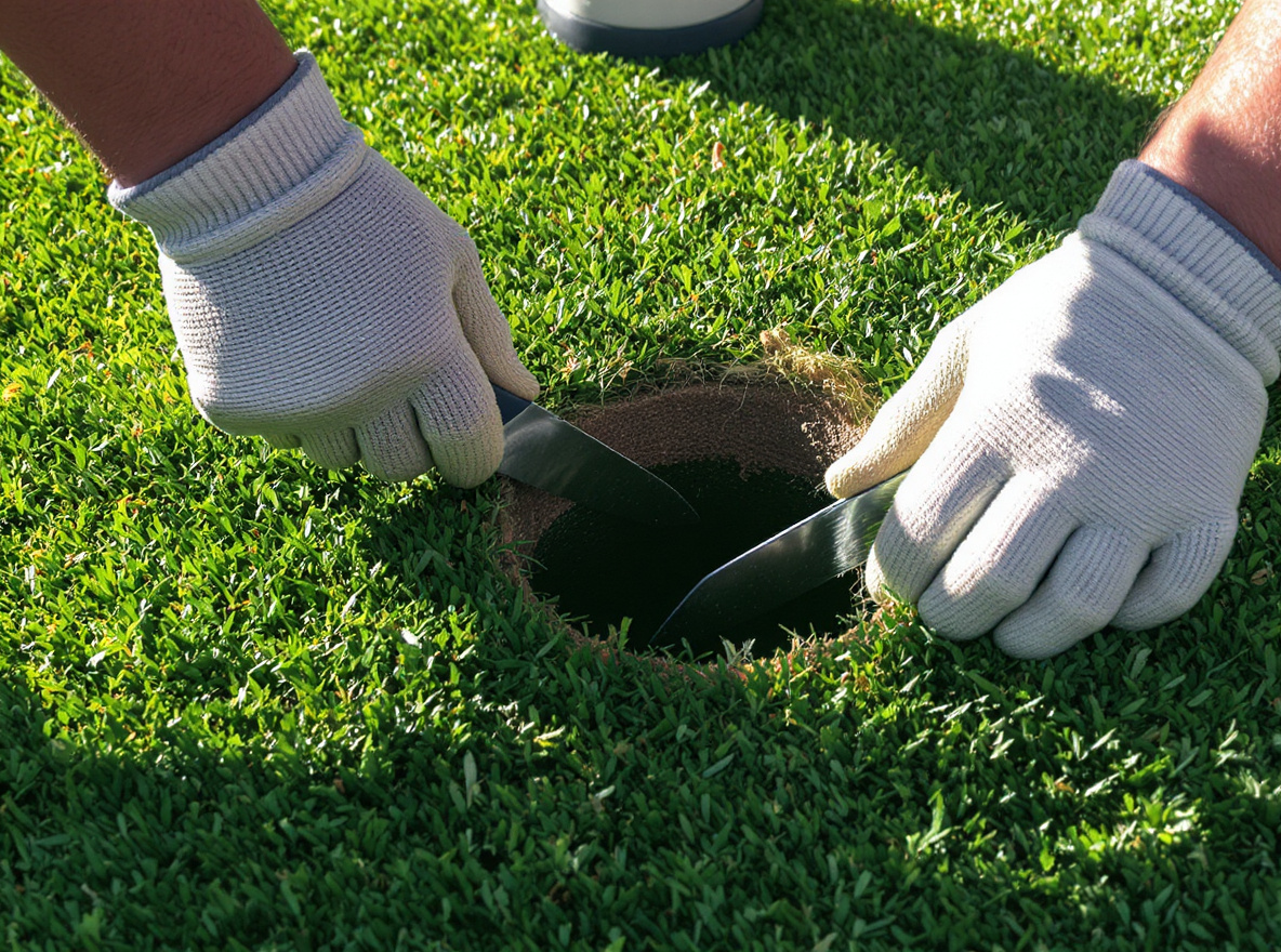 Installer fitting putting green turf around a cup sleeve in a St. Catharines backyard