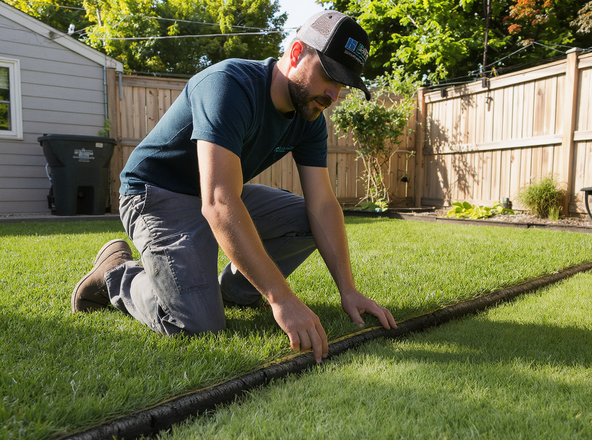 Technician diagnosing a lifting artificial turf edge in a St. Catharines backyard