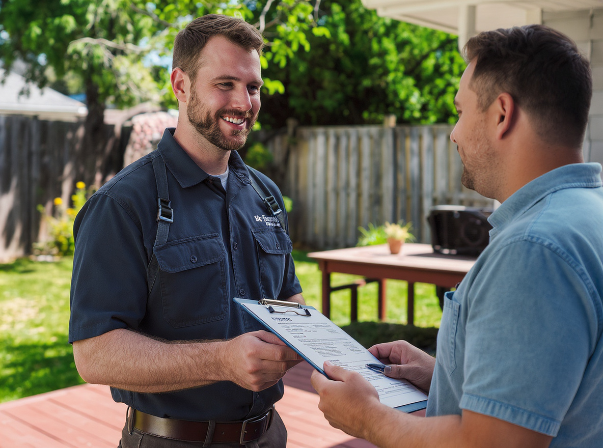 Turf repair technician presenting written estimate to homeowner in St. Catharines
