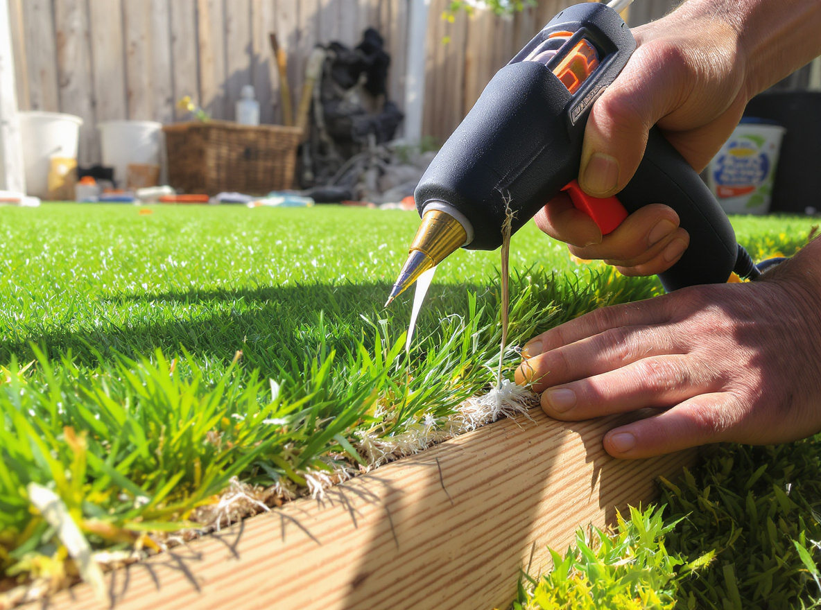 Technician re-securing a lifting artificial turf edge during a repair visit in St. Catharines