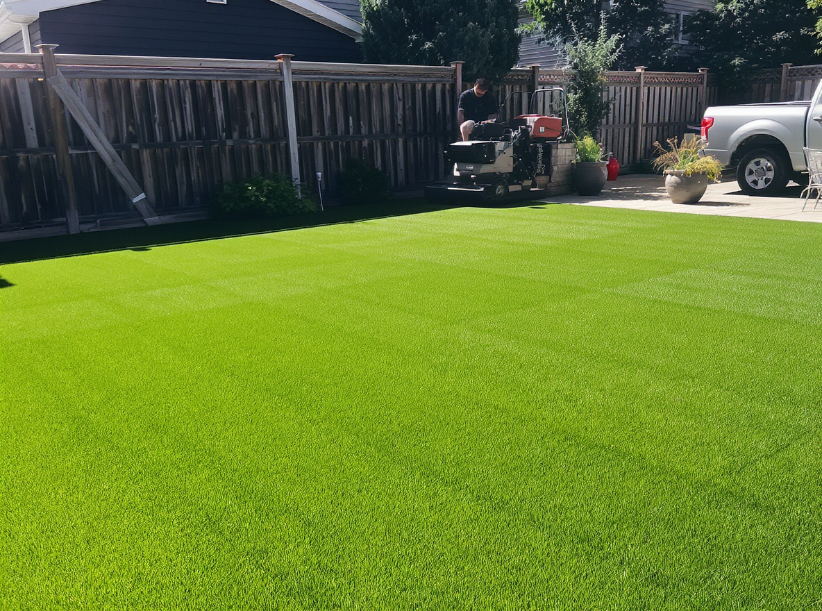Power brushing repaired artificial turf surface during post-repair inspection in St. Catharines