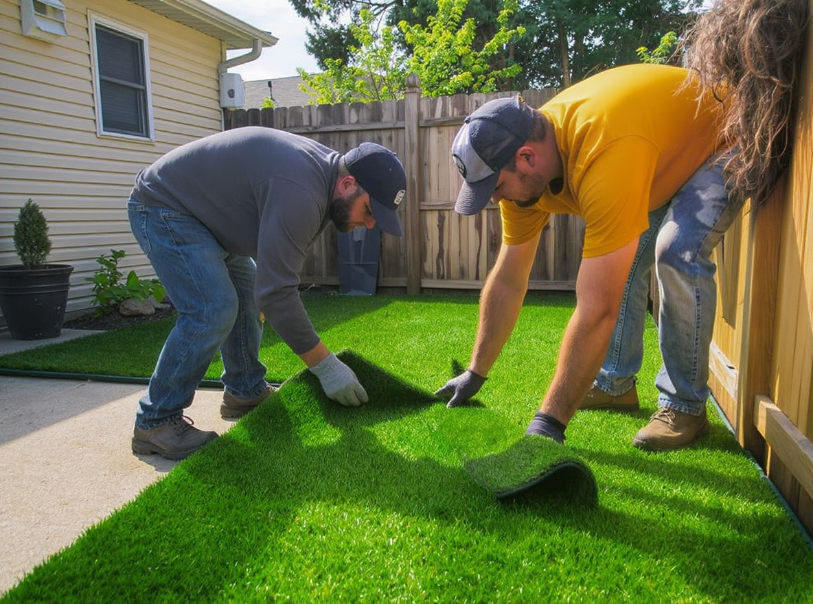 Twelve Mile Turf Co. crew installing astro turf in a St. Catharines backyard
